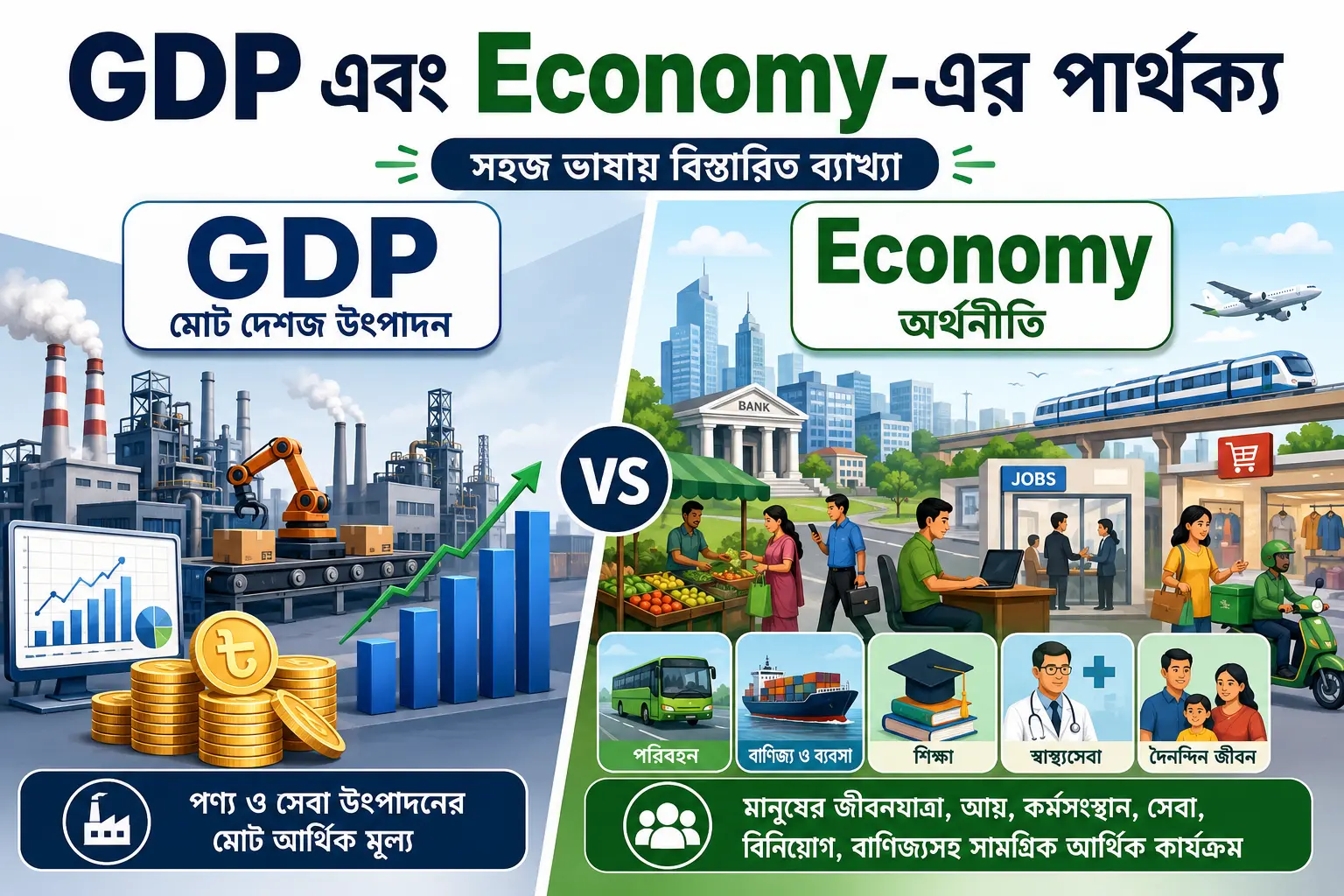 দেশের GDP এবং Economy-এর মধ্যে পার্থক্য: সহজ ভাষায় বিস্তারিত আলোচনা