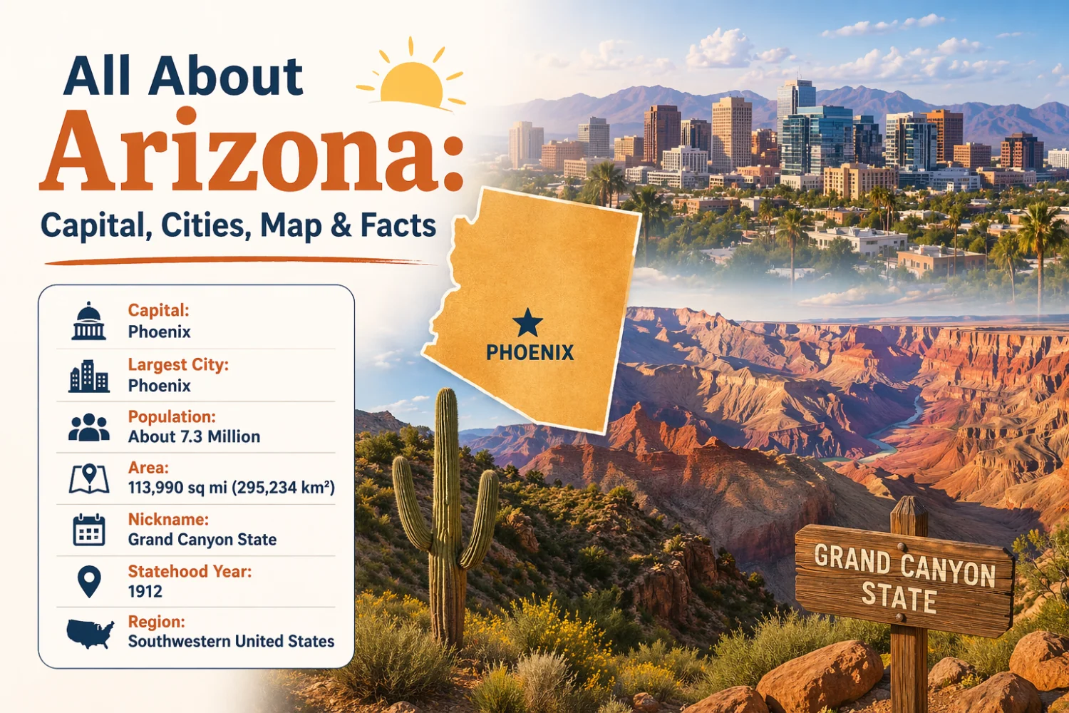 Map of Arizona showing major cities, capital Phoenix, and geographic features