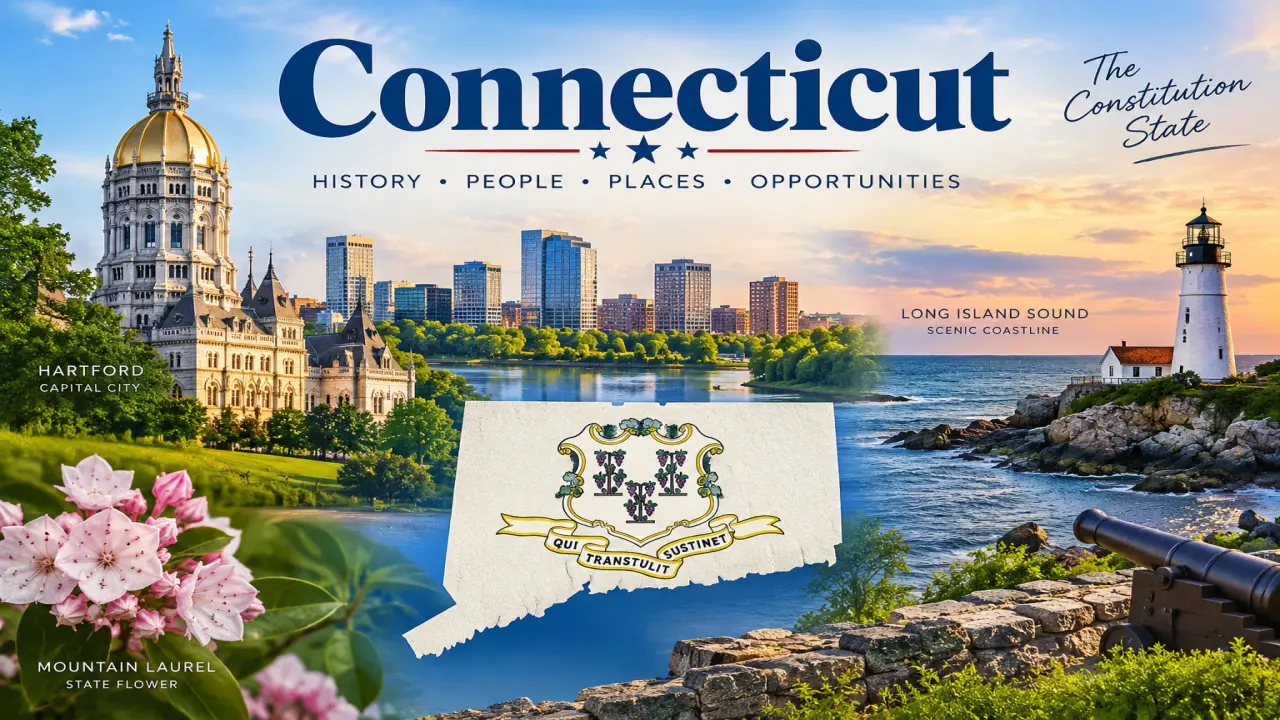 Connecticut map with Hartford, Long Island Sound, State Capitol, mountain laurel, and coastal landmarks