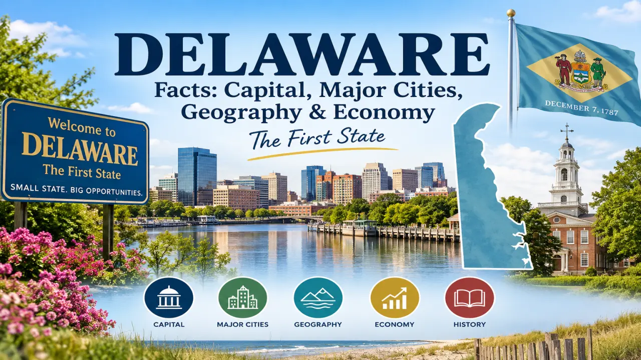 Delaware facts with Dover, Wilmington, state geography, economy, history, coastline, and First State identity