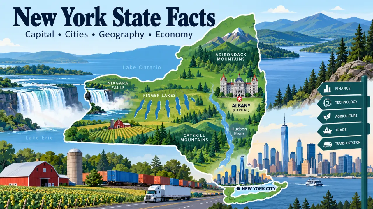 New York State map highlighting Albany, New York City, Niagara Falls, Finger Lakes, Adirondack and Catskill Mountains, Hudson River, agriculture, and major industries